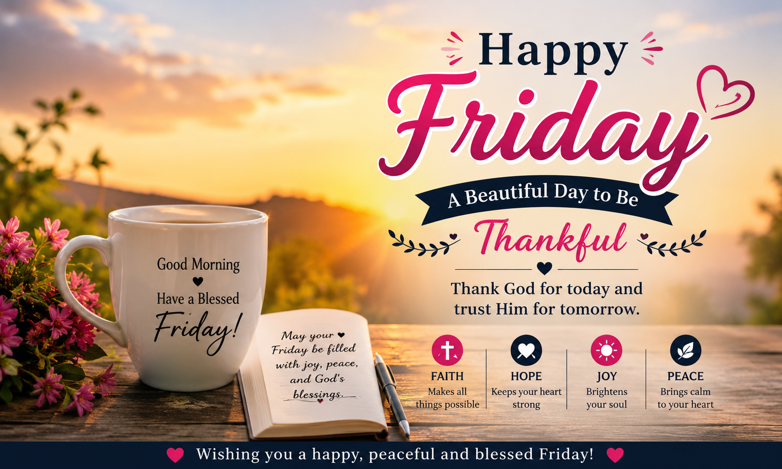 "Happy Friday Blessings image with beautiful sunrise, coffee cup, flowers, and inspirational faith message."